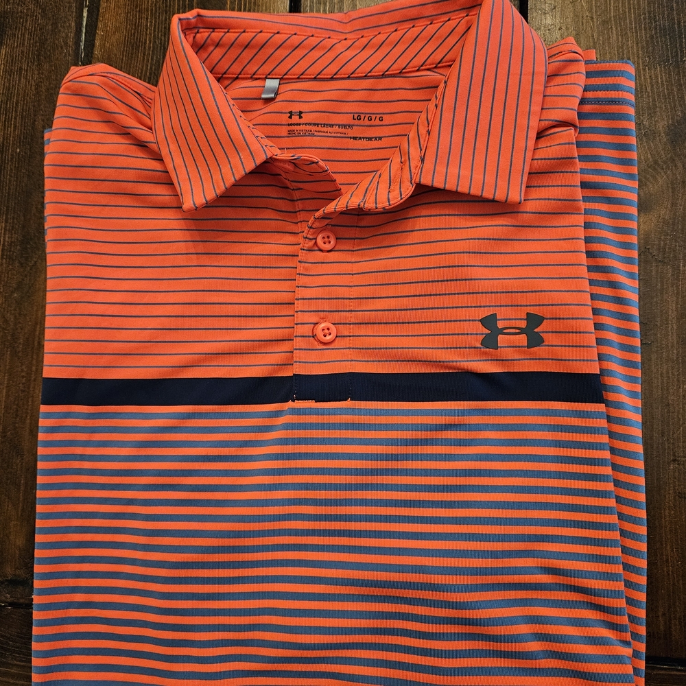 Under Armour Men's Bright Orange and Navy Striped Polo